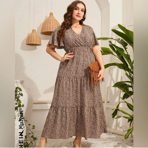 SHEIN Mulvari Plus Allover Print Butterfly Sleeve Ruffle Hem Dress Khaki‎ Color - Picture 1 of 5